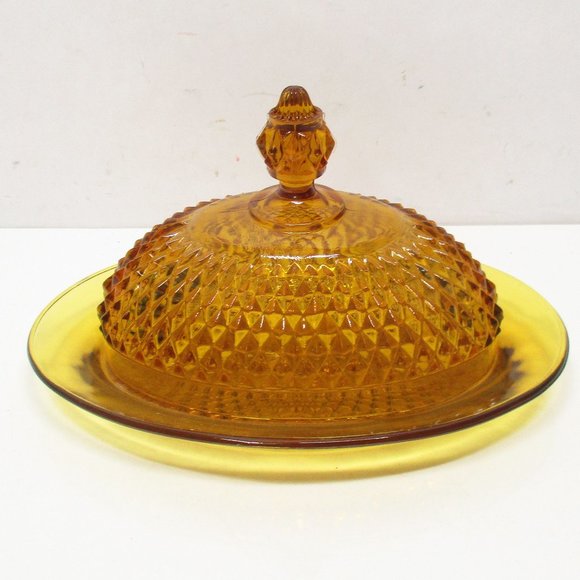 Vintage Indiana Amber Glass Diamond Point Covered Oval Butter Dish - Picture 1 of 8